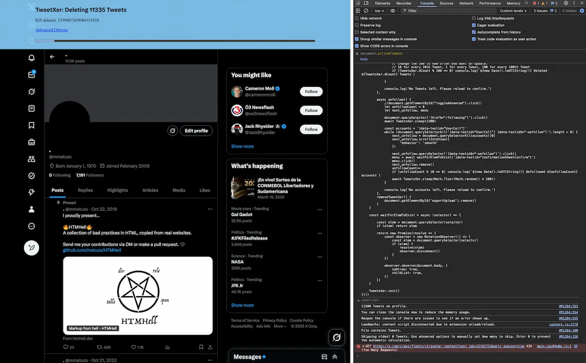 TweetXer showing that it has deleted 825 of 11335 tweets in my account. Dev Tools open. Black Avatar on Twitter and a period as the name